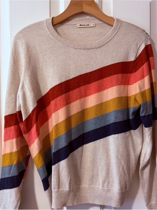 Marine Layer Sweaters - Marine Layer Cream Crewneck with Rainbow Stripes sml